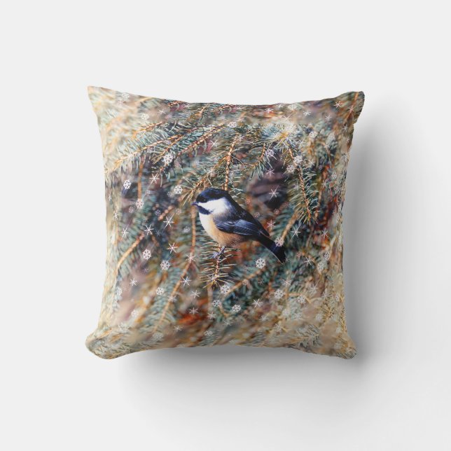 Winter Chickadee Bird Pine Branch Snow Throw Pillow (Front)