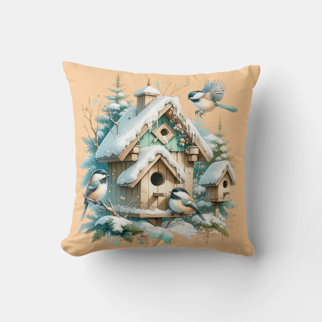 Winter Chickadee Birdhouse Village Throw Pillow (Front)