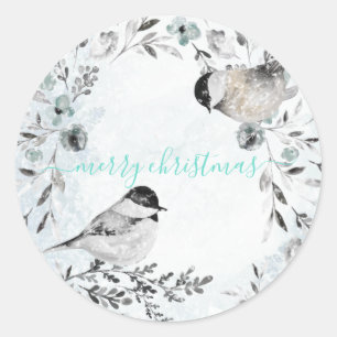 Winter Chickadee Birds Dusty Blue Wreath Christmas Classic Round Sticker