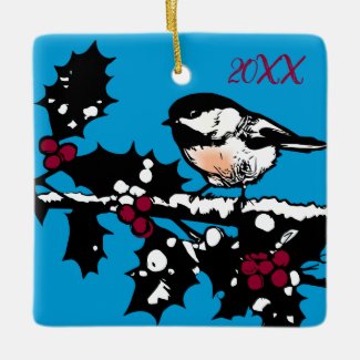 Winter Chickadee on Holly Woodcut Winter Holidays