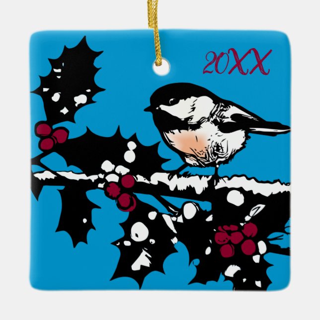 Winter Chickadee on Holly Woodcut Winter Holidays Ceramic Ornament (Front)
