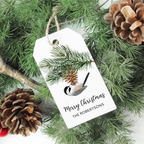 Winter Chickadee on Pinecone Merry Christmas  Gift Tags
