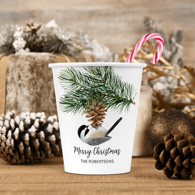 Winter Chickadee on Pinecone Merry Christmas  Paper Cups (Creator Uploaded)
