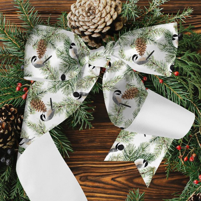 Winter Chickadee Pine Branch Woodland Satin Ribbon (Creator Uploaded)