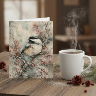 Winter Chickadee Watercolor Christmas Card – Peace
