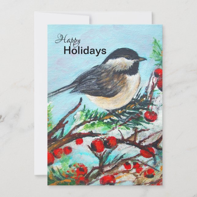 Winter Chickadee With Berries Holiday Card (Front)