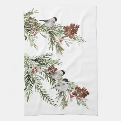 Winter Chickadees Green Spruce Tree Cones Berries Kitchen Towel