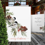 Winter Chickadees Pine Berries Merry Christmas Holiday Card<br><div class="desc">Watercolor black cap chickadees perched on a green spruce branch and red berries against a stark white background and Merry Christmas in a pretty red handwritten script along the bottom. Customize the saying to any saying or language.</div>