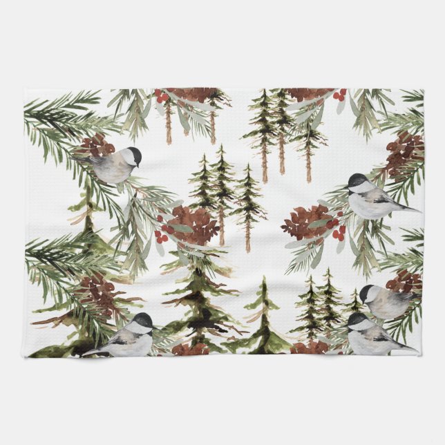 Winter Chickadees Spruce Tree Woodland Holiday Kitchen Towel (Horizontal)