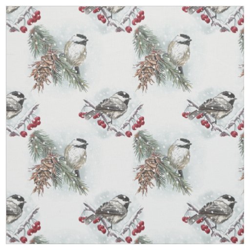 Winter Chickadees Watercolor Christmas Fabric