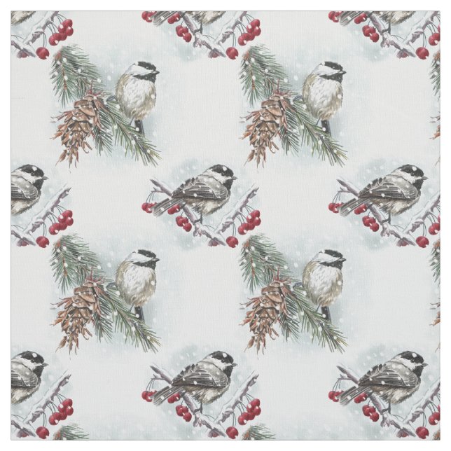 Winter Chickadees Watercolor Christmas Fabric (Swatch)