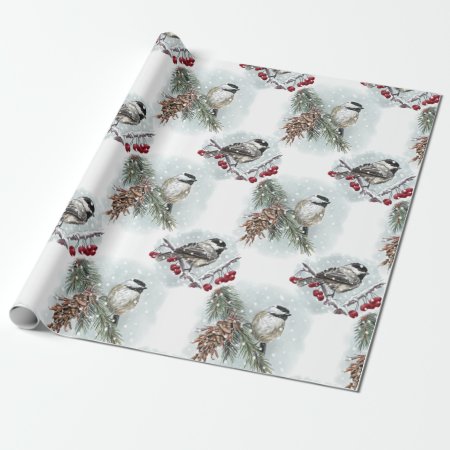 Winter Chickadees, Watercolor Farmhouse Christmas Wrapping Paper