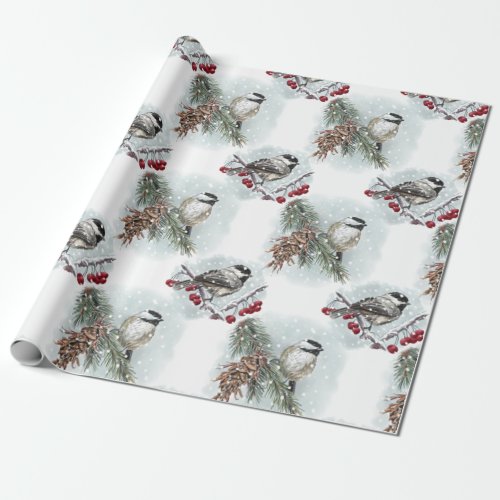 Winter Chickadees Watercolor Farmhouse Christmas Wrapping Paper