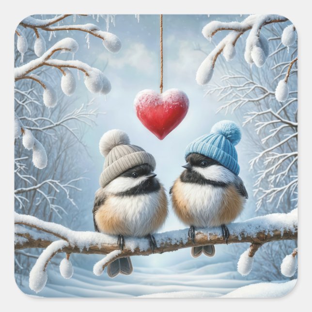 Winter Chickadees With Red Heart Square Sticker (Front)