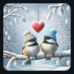 Winter Chickadees With Red Heart Square Sticker<br><div class="desc">Two chickadee birds wearing cozy hats perch on snow-covered branches with a red heart hanging above them and surrounded by a winter landscape</div>