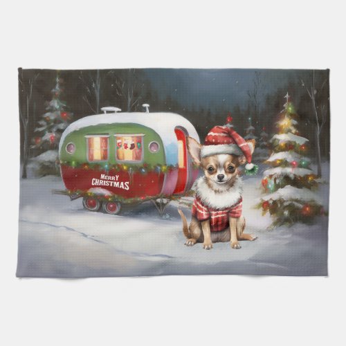 Winter Chihuahua Caravan Christmas Adventure  Kitchen Towel