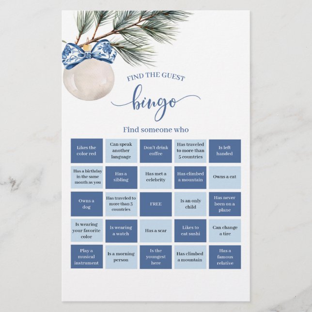 Winter Chinoiserie Bow Bingo Games Card (Front)