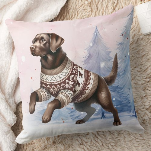 Winter Chocolate Labrador Retriever Snow Dog  Throw Pillow