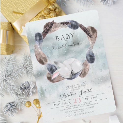 Winter Christmas Baby Shower Baby Bunny Feather Invitation
