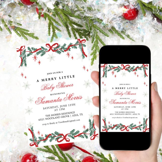 Winter Christmas Baby Shower Invitation | Red Bow  (Creator Uploaded)