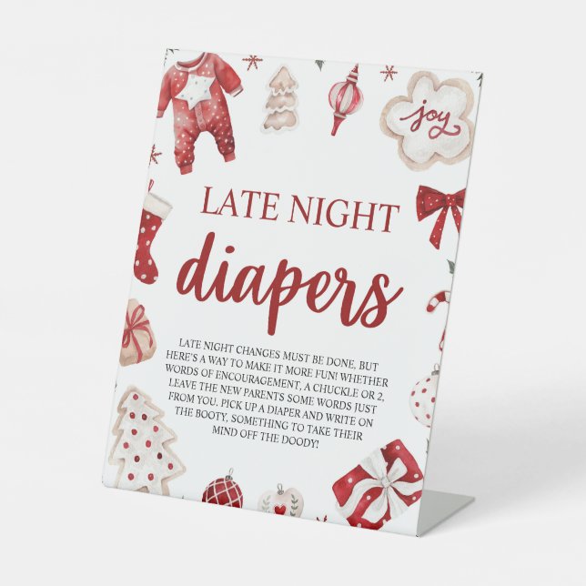 Winter Christmas Baby Shower Late Night Diapers Pedestal Sign (Front)