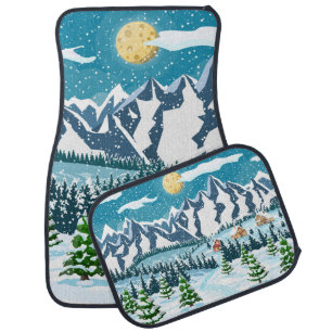 Winter christmas background. Pine tree wood and sn Car Floor Mat