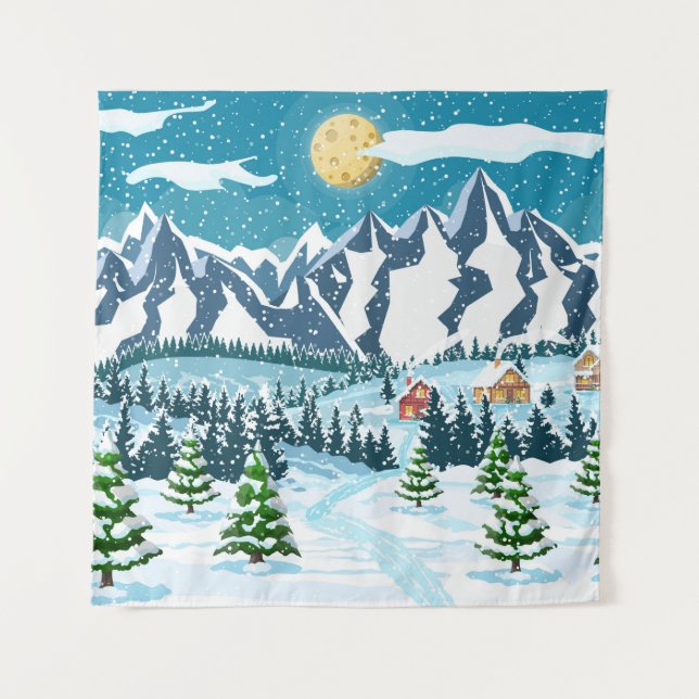 Winter christmas background. Pine tree wood and sn Tapestry (Front)