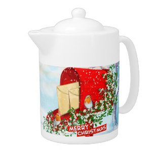 Winter Christmas Birds And A Red Post Box Teapot