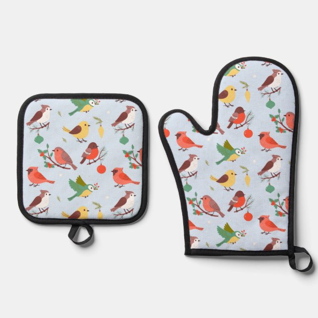 Winter Christmas Birds Oven Mitt & Pot Holder Set (Front)