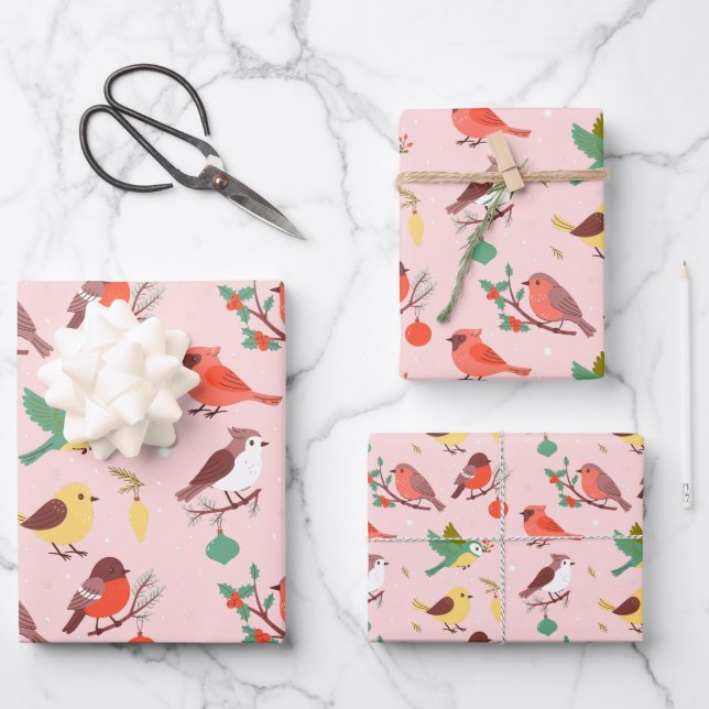 Winter Christmas Birds Wrapping Paper Sheets (Front)
