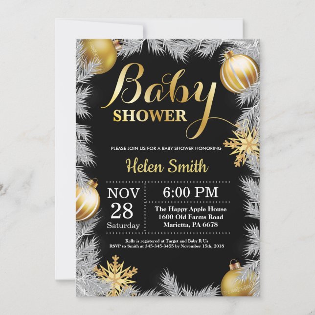 Winter Christmas Black and Gold Baby Shower Invitation (Front)
