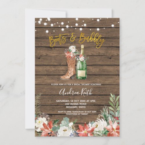 Winter Christmas Boots and Bubbly Bridal Shower Invitation