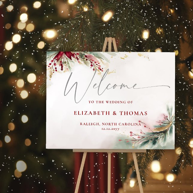 Winter Christmas Botanical Red Wedding Welcome Foam Board (winter christmas wedding bridal shower welcome sign greenery botanical berries red green gold )