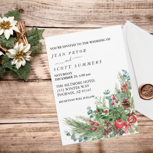 Winter Christmas Bouquet Watercolor Wedding  Invitation