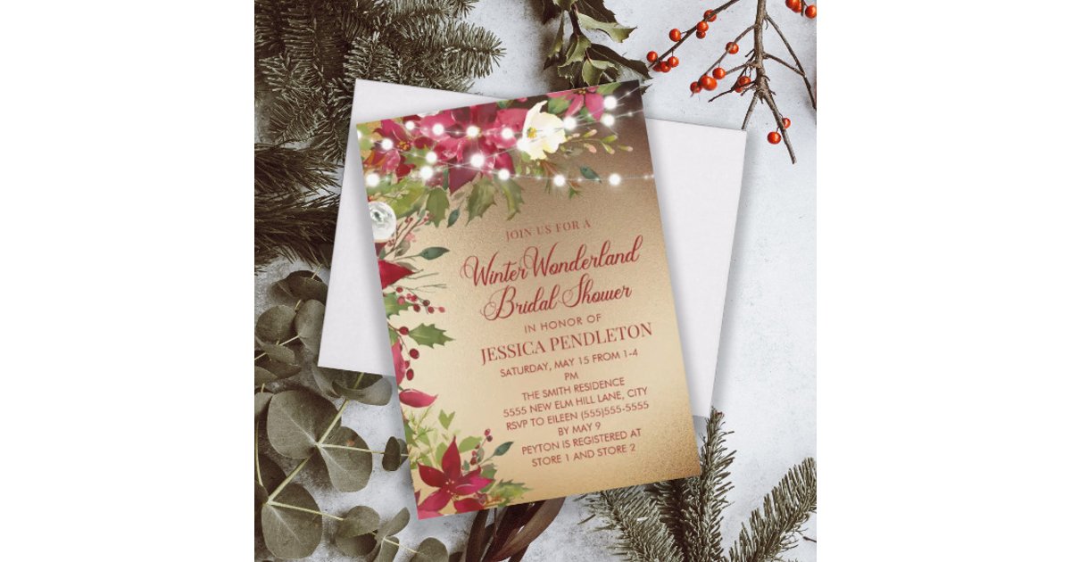 Winter Christmas Bridal Shower Gold String Lights Invitation | Zazzle