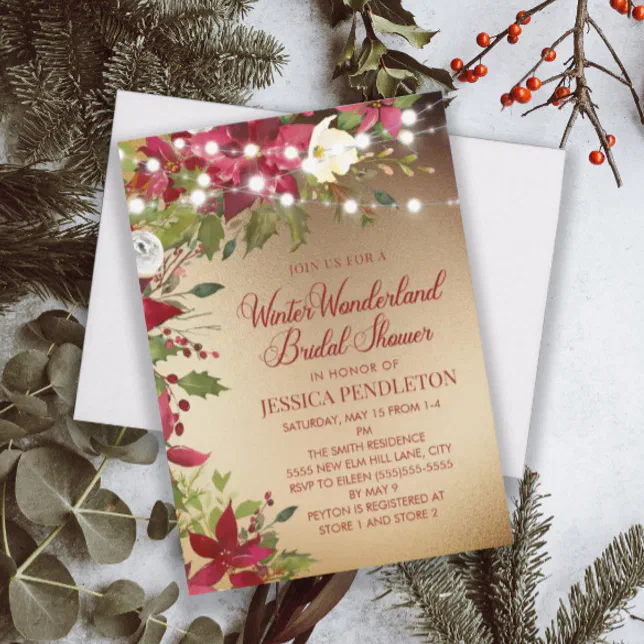 Winter Christmas Bridal Shower Gold String Lights Invitation | Zazzle