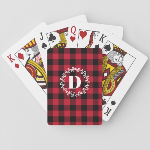 Winter Christmas Buffalo Check Wreath Monogram Poker Cards