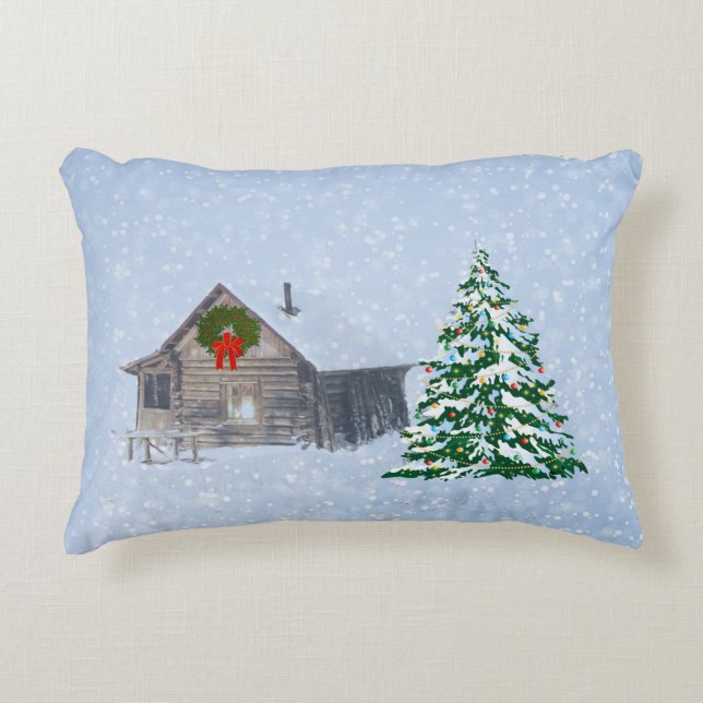 Winter Christmas Cabin Accent Pillow (Front)