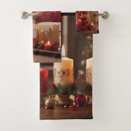 Winter Christmas candle with snow and copy space Bath Towel Set