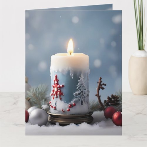 Winter christmas candle with snow and copy space card