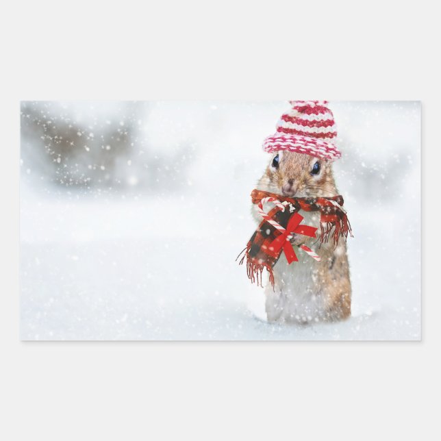 Winter Christmas Chipmunk Rectangular Sticker (Front)