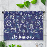 Winter Christmas Constellation Pattern Custom Name Kitchen Towel<br><div class="desc">These pretty Christmas hand towels include your personalized family name and a beautiful,  original winter constellation pattern in blue and white. The starry pattern has many holiday symbols,  from Santa Claus to snowflakes,  trees,  deer,  bells,  snowmen,  ornaments,  and more. Use the easy template to personalize.</div>