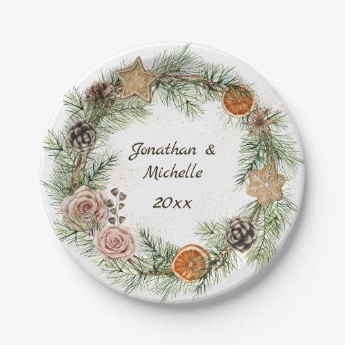 Winter Christmas Cookies Pink Roses Evergreen Paper Plates