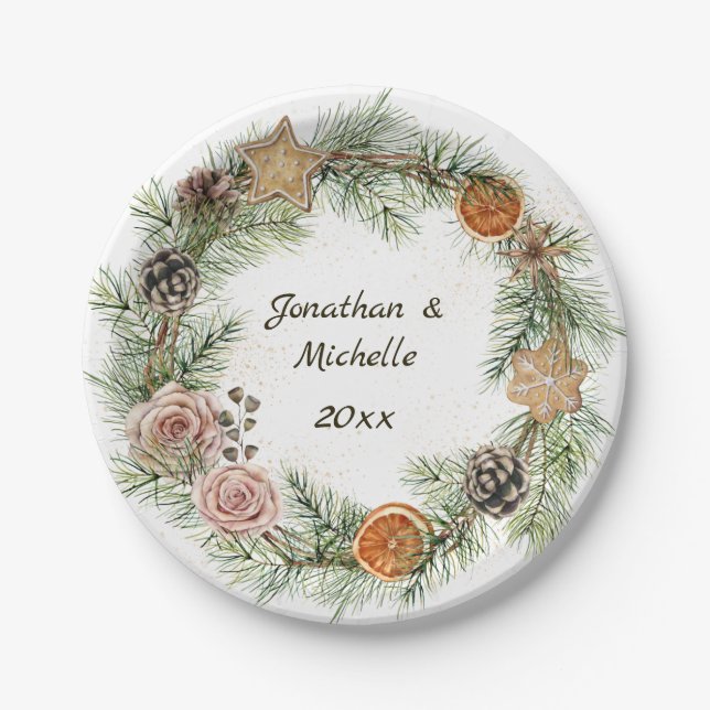 Winter Christmas Cookies, Pink Roses, Evergreen Paper Plates (Front)