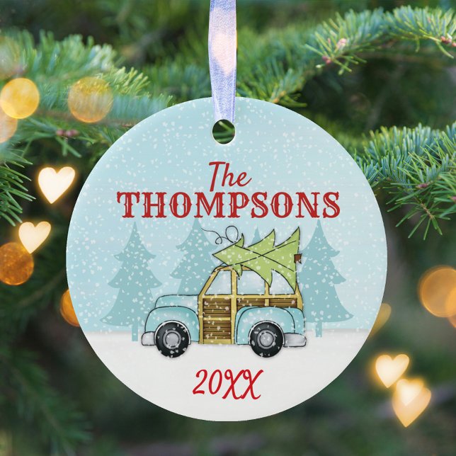 Winter Christmas Country Snowflake Personalized Ceramic Ornament (Winter blue car with Christmas tree with falling snow simple circle ceramic ornament. )