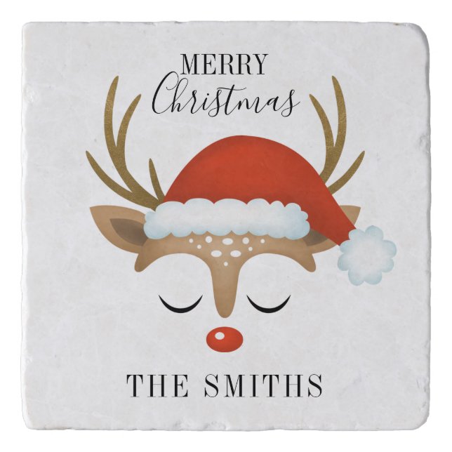 Winter Christmas Cute Santa Hat Reindeer Trivet (Front)
