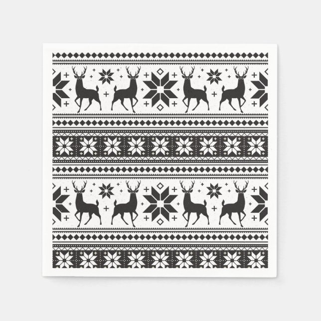 Winter Christmas Deer Black Snowflake Pattern Napkins (Front)