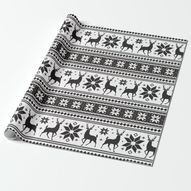 Winter Christmas Deer Black Snowflake Pattern Wrapping Paper (Unrolled)