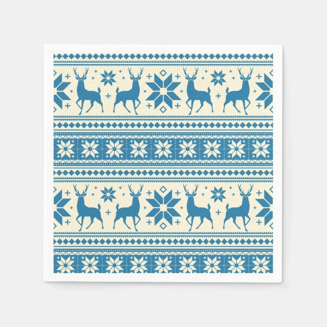 Winter Christmas Deer Blue Snowflake Pattern Napkins (Front)