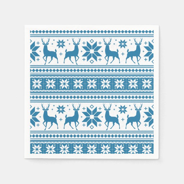 Winter Christmas Deer Blue Snowflake Pattern Napkins (Front)